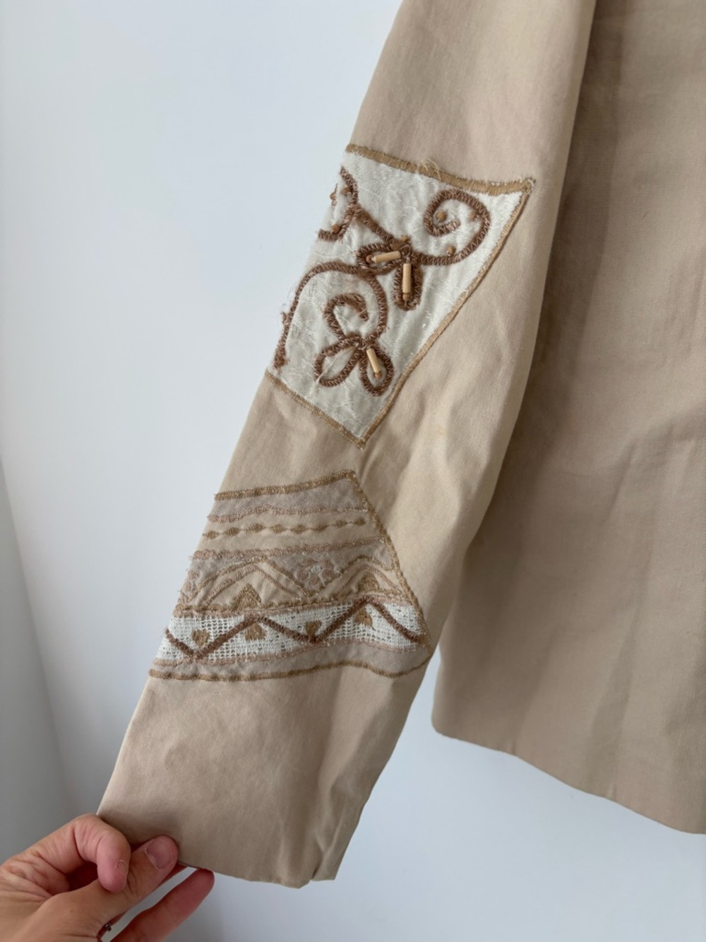 Vintage TanJay Embroidered Patchwork Jacket Beige Boho Cotton Cropped Blazer - Picture 12 of 12